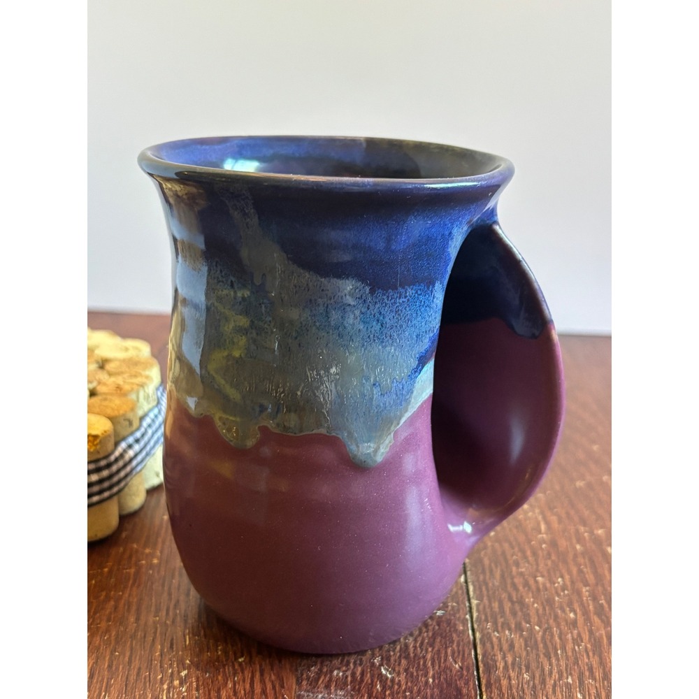 Neher 2016 Studio Pottery Hand Warmer Mug Purple Blue Drip Glaze Right Handed